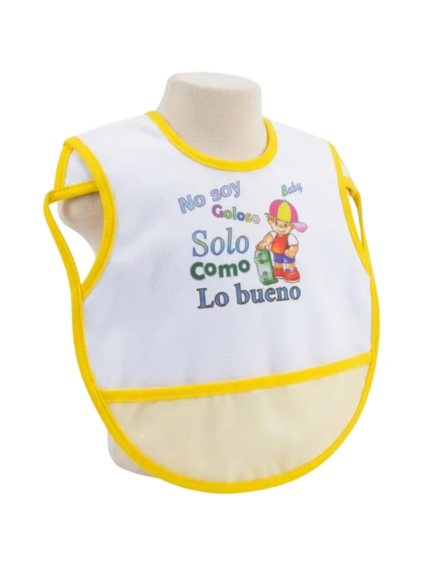 babero grande con bolsas inferiores amarillo no soy goloso Babero Tipo Chaleco Impermeable con Bolsillo Recolector
