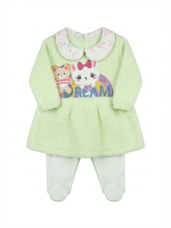img_7520 Conjunto Polar Verde Claro con Vestido, Cuello Estampado y Bordado "Dream" para Bebé